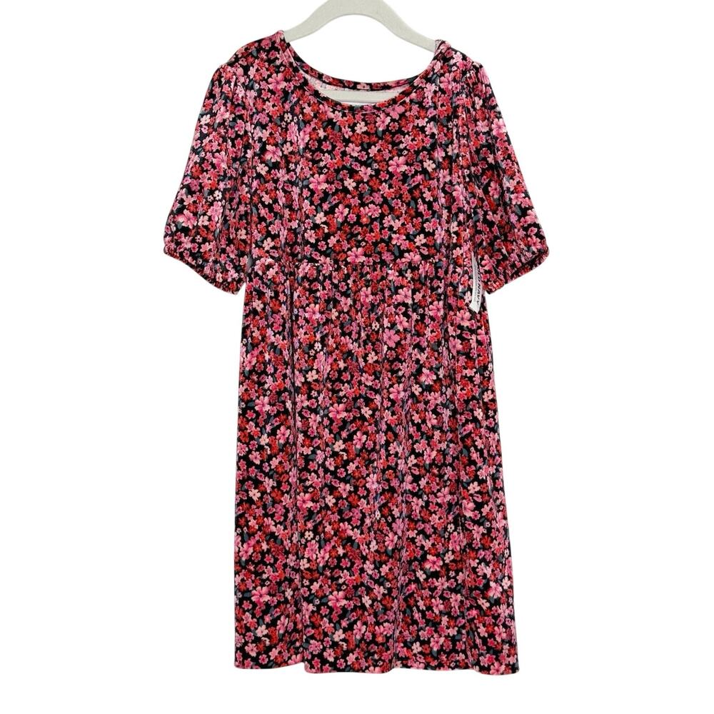 Old Navy Cozy Velour Puff-Sleeve Swing Dress L 10-12 Girls NEW Pink Ditsy Floral